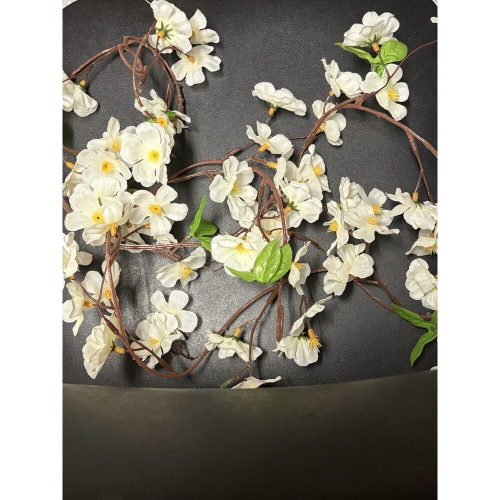 Artificial Cherry Blossom Vine Garland 4 ft White Flowers w/ Green Leaves - Picture 2 of 2